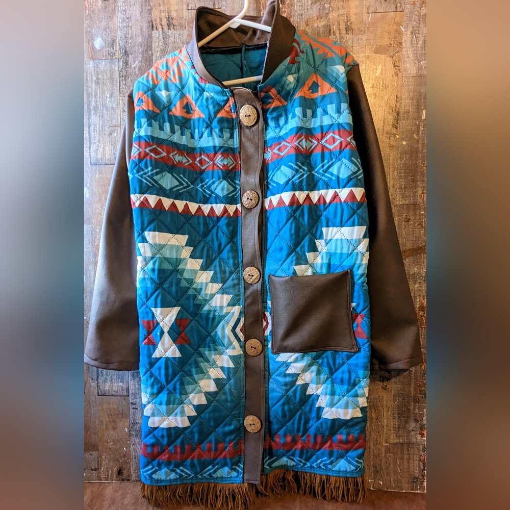 New Handcrafted By Donna Originals Aztec Blue Coat With Faux Suede Sleeves